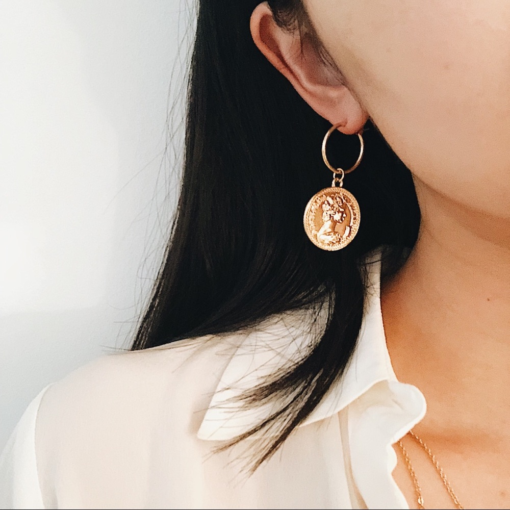 Gold Coin Pendant Portrait Religious Hoop Earrings - Picture 4 of 4